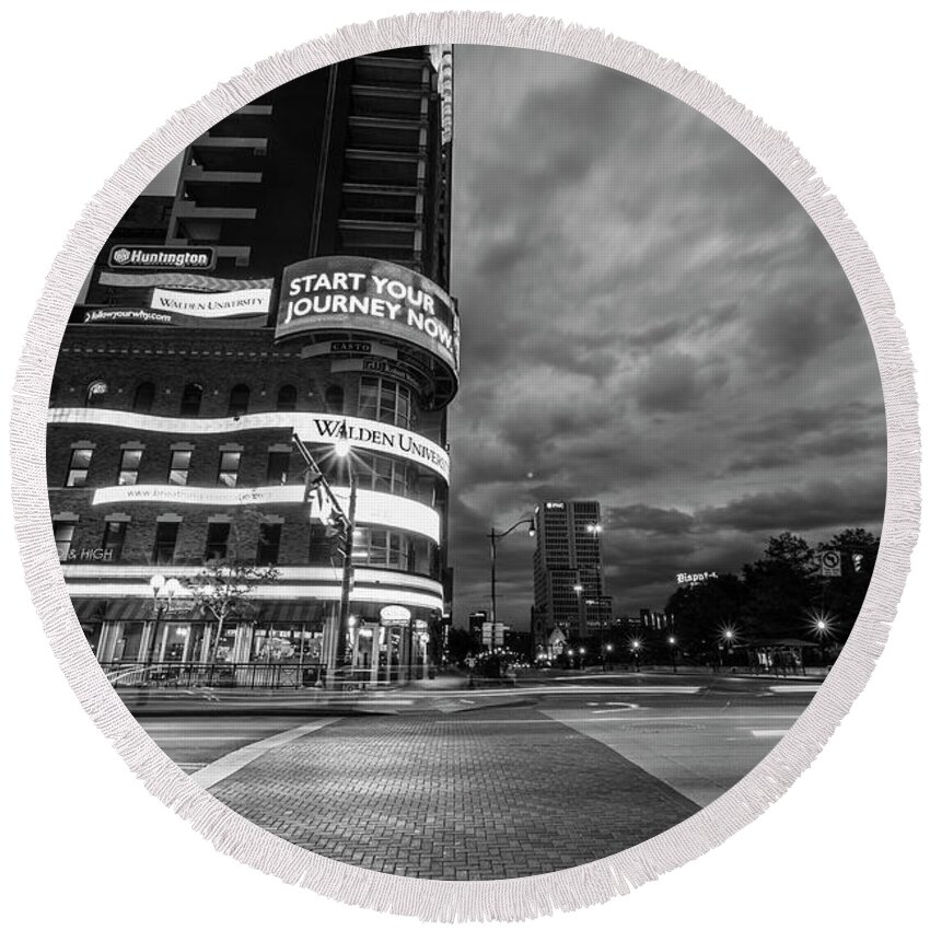 Black And White Round Beach Towel featuring the photograph Columbus Ohio Downtown Black and White by John McGraw