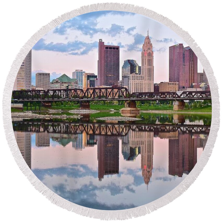 Columbus Round Beach Towel featuring the photograph Columbus Ohio Reflects by Frozen in Time Fine Art Photography