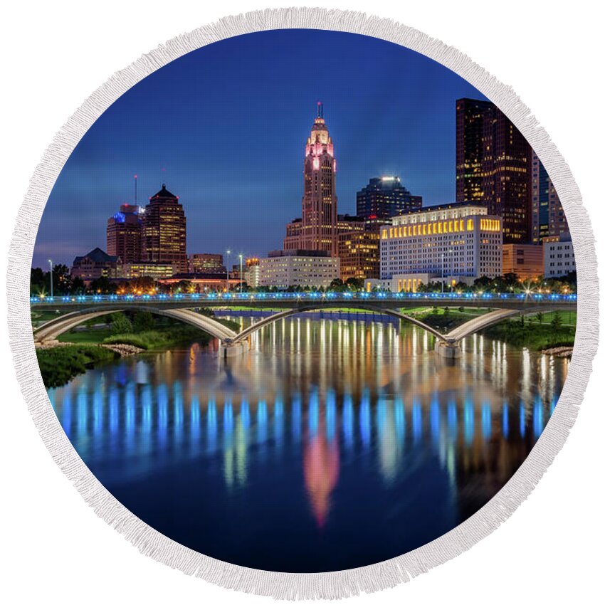 3scape Round Beach Towel featuring the photograph Columbus Ohio Skyline at Night by Adam Romanowicz