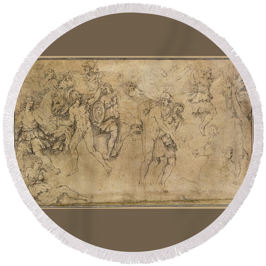 Girolamo Da Carpi Round Beach Towel featuring the drawing Combat of Greeks and Amazons with Achilles and Penthesilea by Girolamo da Carpi