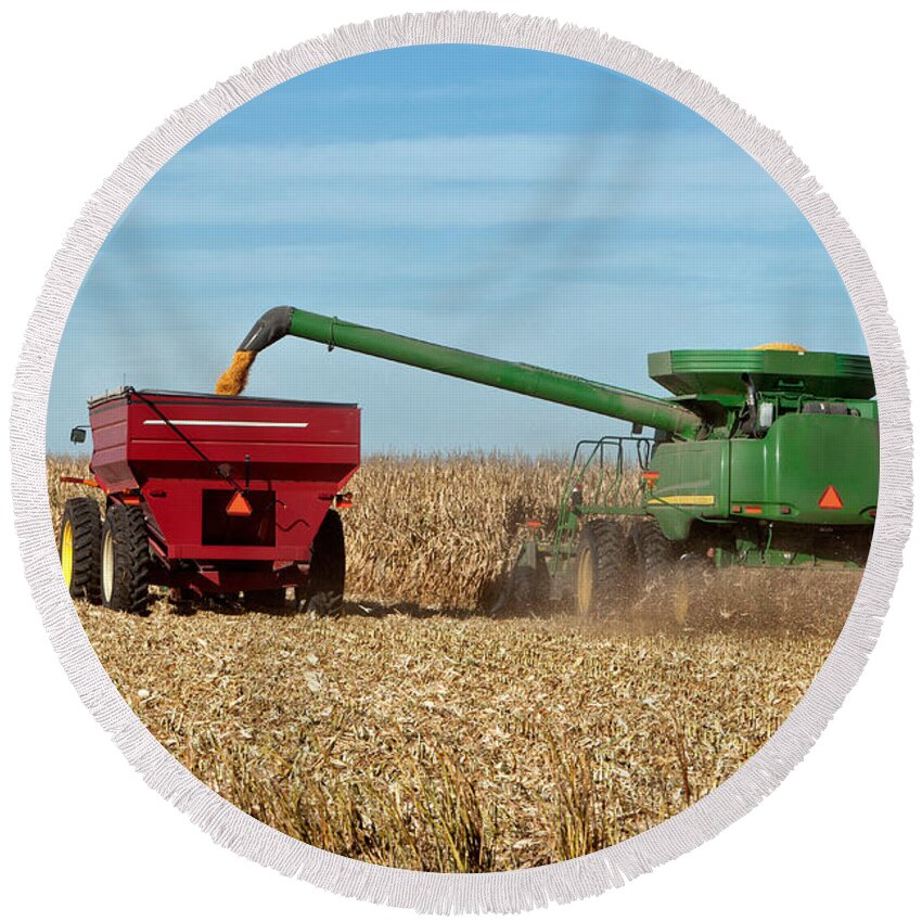 Corn Harvest Round Beach Towel featuring the photograph Combine Harvesting Corn by Inga Spence
