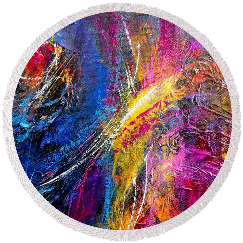 Abstract Expressionist Artwork Round Beach Towel featuring the painting Come to call by Priscilla Batzell Expressionist Art Studio Gallery