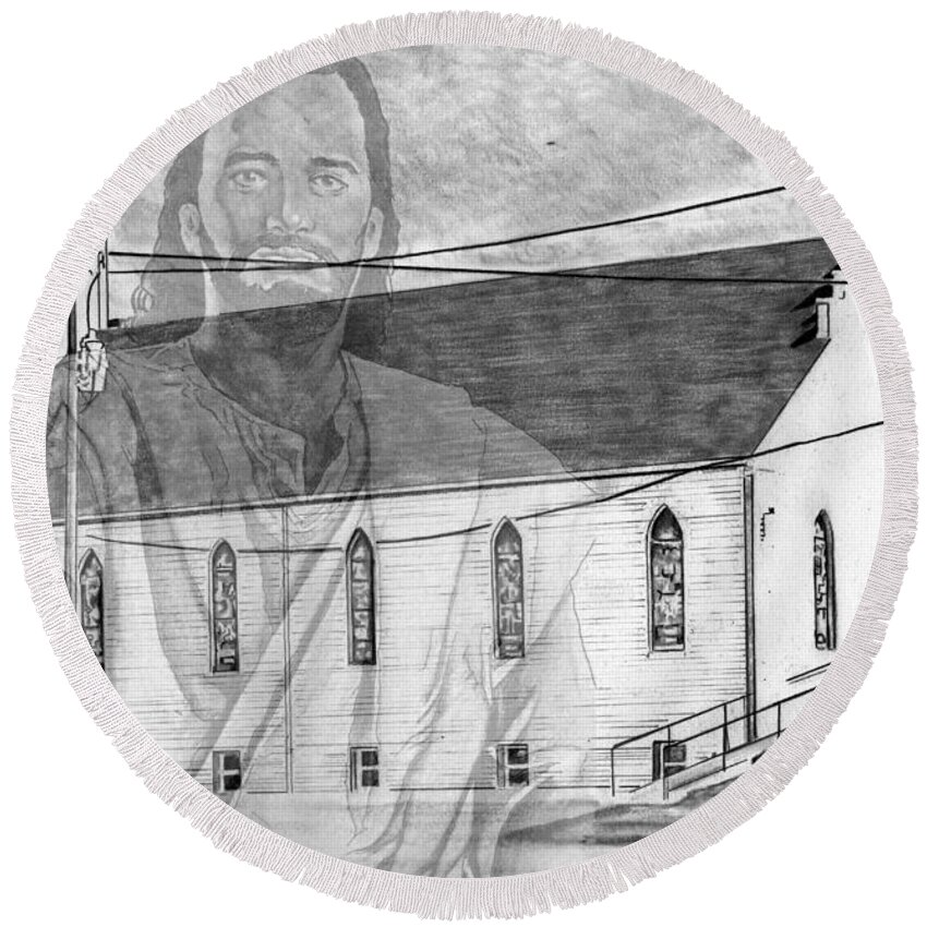 Brownsville Round Beach Towel featuring the drawing Come Unto Me by Bill Richards