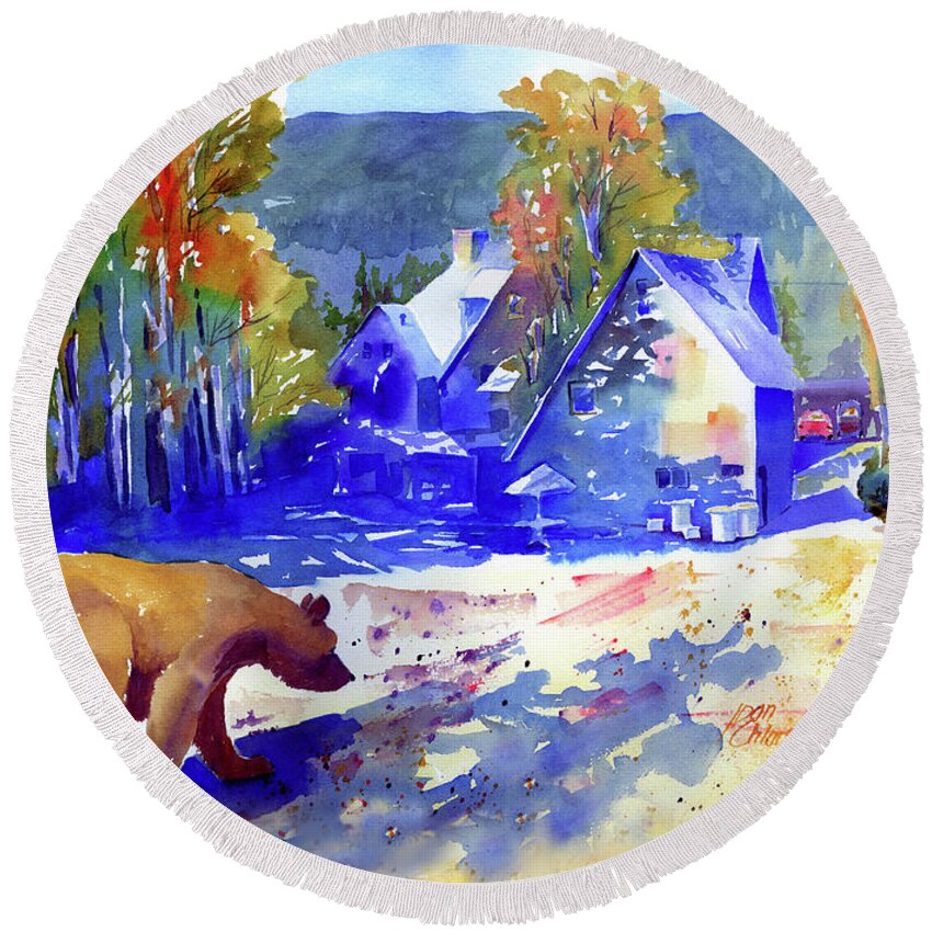 Bear Round Beach Towel featuring the painting Coming For dinner at Rainbow Lodge by Joan Chlarson