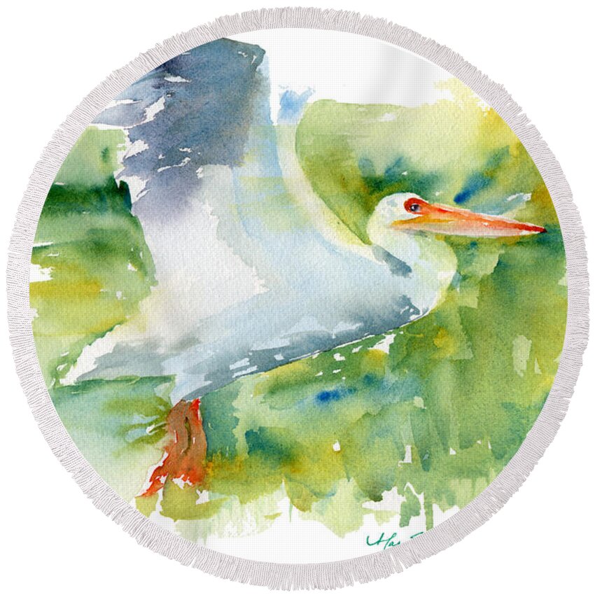 Beak Round Beach Towel featuring the painting Coming In for a Landing by Mary Benke