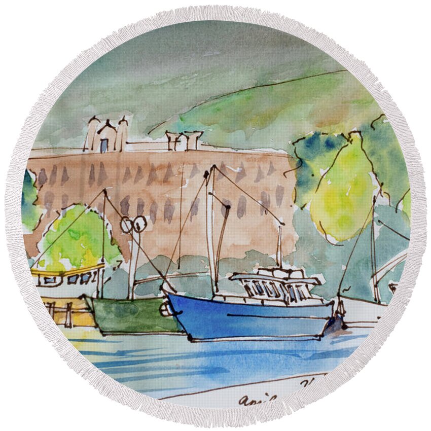 Australia Round Beach Towel featuring the painting Fishing Boats in Hobart's Victoria Dock #1 by Dorothy Darden