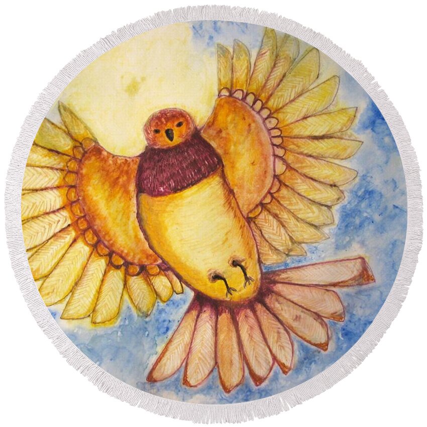 Birds Round Beach Towel featuring the painting Concerning Angel Bird by Patricia Arroyo