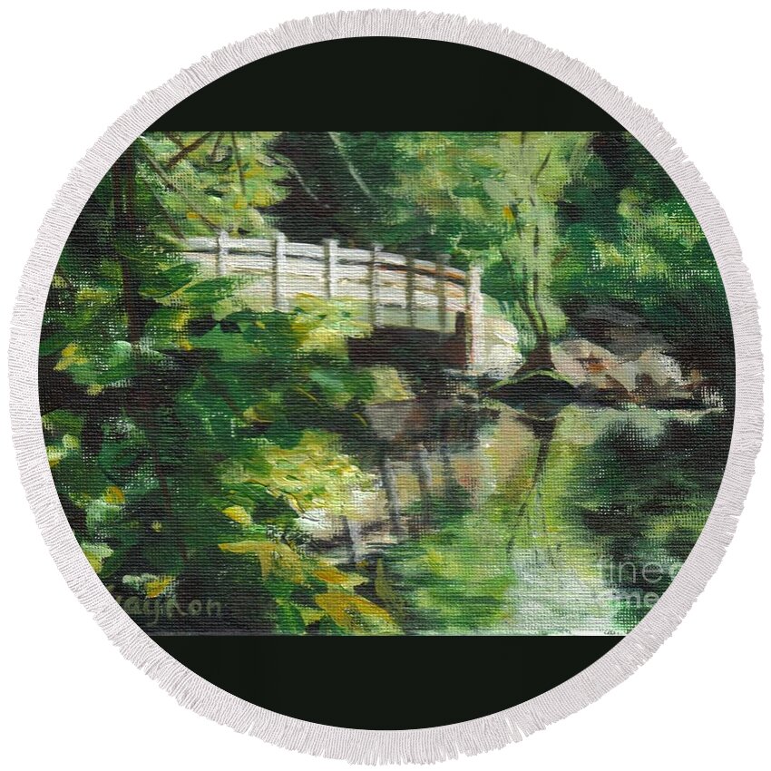 Concord Round Beach Towel featuring the painting Concord River Bridge by Claire Gagnon