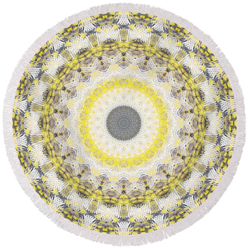 Concrete Round Beach Towel featuring the painting Concrete and Yellow Mandala- Abstract Art by Linda Woods by Linda Woods