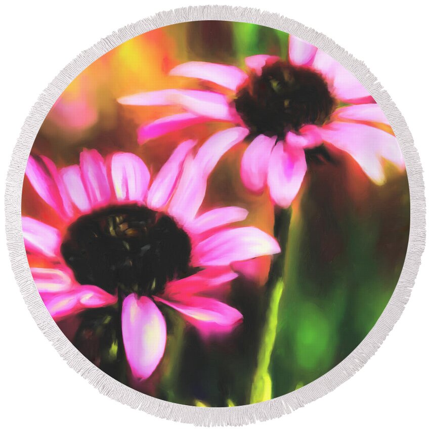 Coneflowers Round Beach Towel featuring the digital art Coneflowers by Sand And Chi