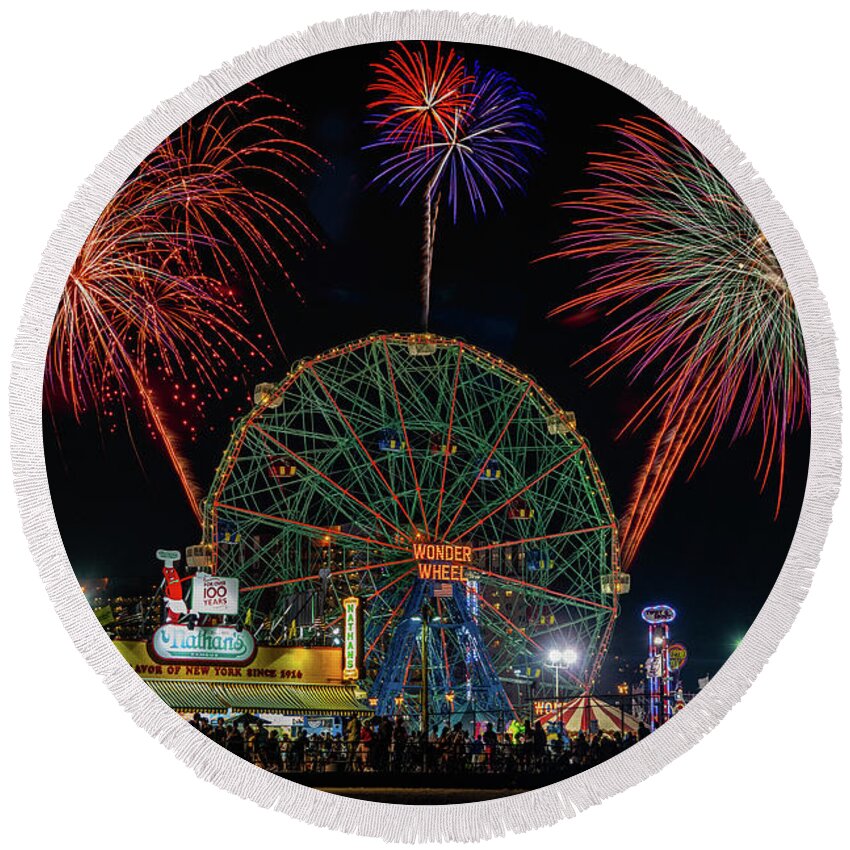 Night Shot Round Beach Towel featuring the photograph Coney Island At Night Fantasy by Chris Lord