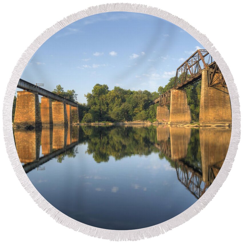 Congaree River Round Beach Towel featuring the photograph Congaree River RR Trestles - 1 by Charles Hite