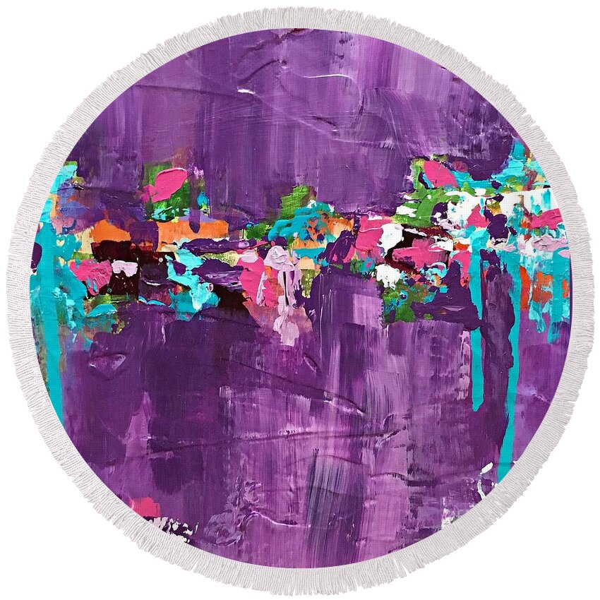 Purple Round Beach Towel featuring the painting Connected by Mary Mirabal