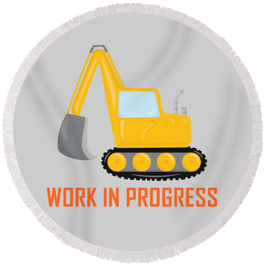 Excavator Round Beach Towel featuring the digital art Construction Zone - Excavator Work In Progress Gifts - Grey Background by KayeCee Spain