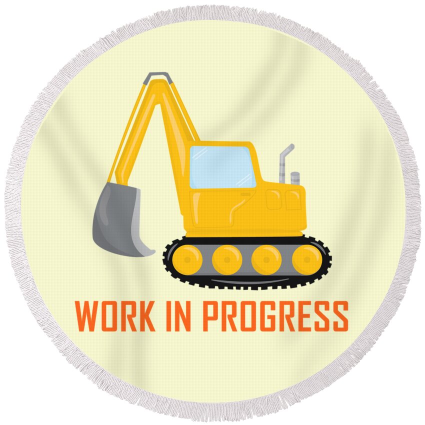 Excavator Round Beach Towel featuring the digital art Construction Zone - Excavator Work In Progress Gifts - Yellow Background by KayeCee Spain