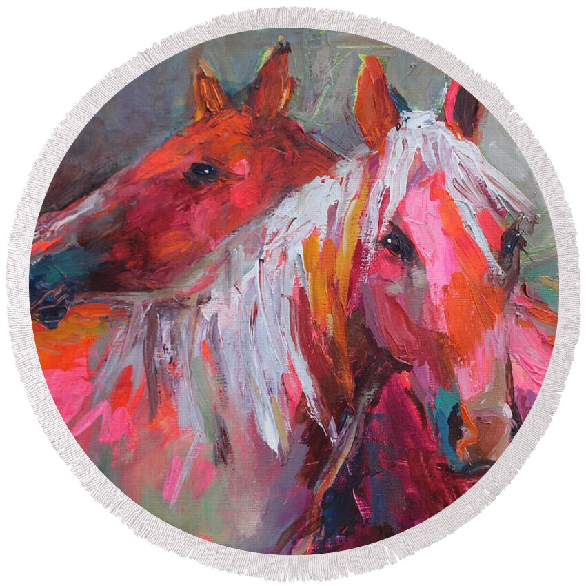 Contemporary Equine Horse Paintings Round Beach Towel featuring the painting Contemporary Horses painting by Svetlana Novikova
