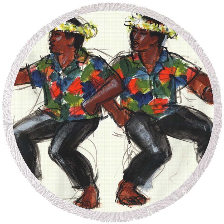 Dance Round Beach Towel featuring the painting Cook Islands Ute Dancers by Judith Kunzle