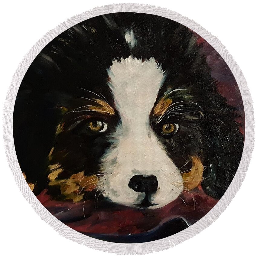 Puppy Round Beach Towel featuring the painting Cookie Bernese Mountain Dog  10 by Cheryl Nancy Ann Gordon