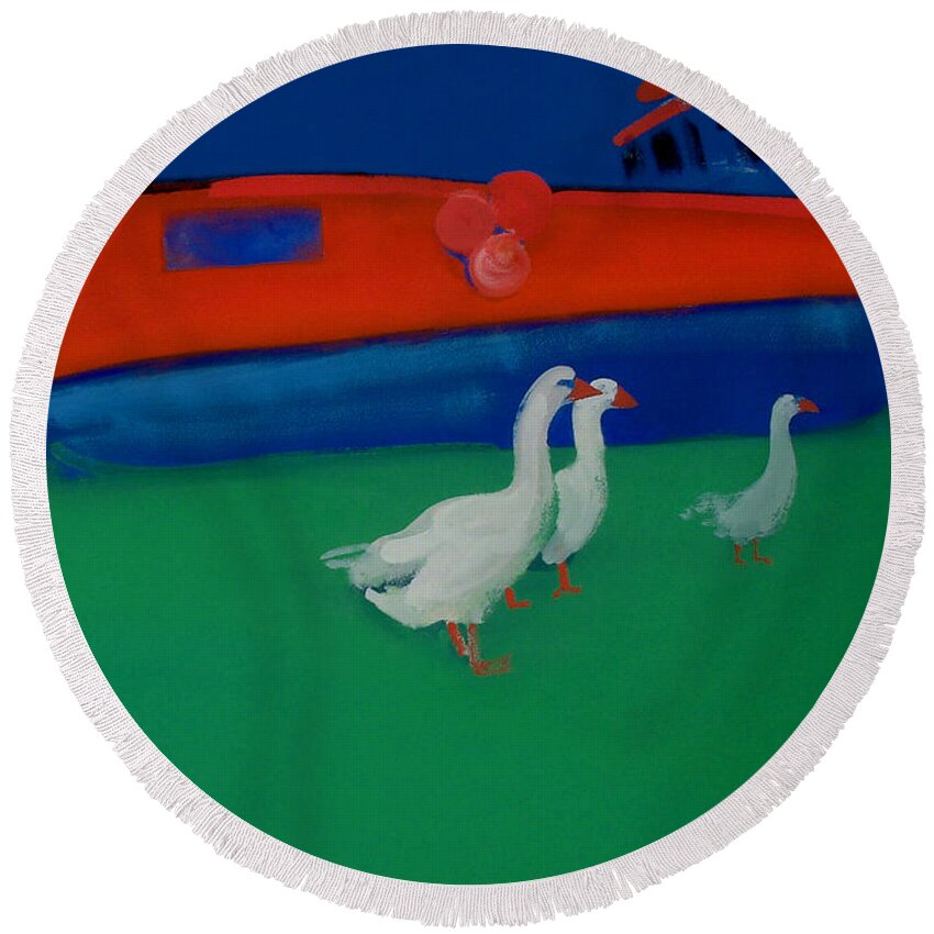 Geese Round Beach Towel featuring the painting Cool And Dry by Charles Stuart