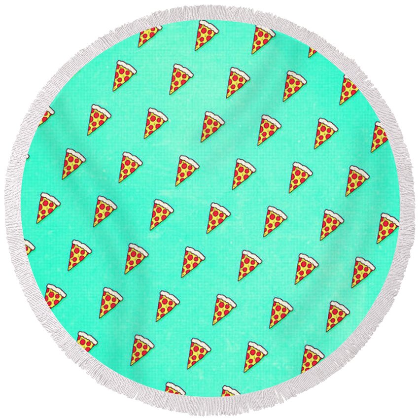 Pizza Round Beach Towel featuring the digital art Cool and Trendy Pizza Pattern in Super Acid green  turquoise  blue by Philipp Rietz