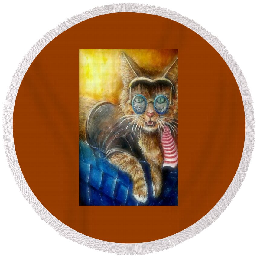 Cool Round Beach Towel featuring the painting Cool Cat Rocks by Bernadette Krupa