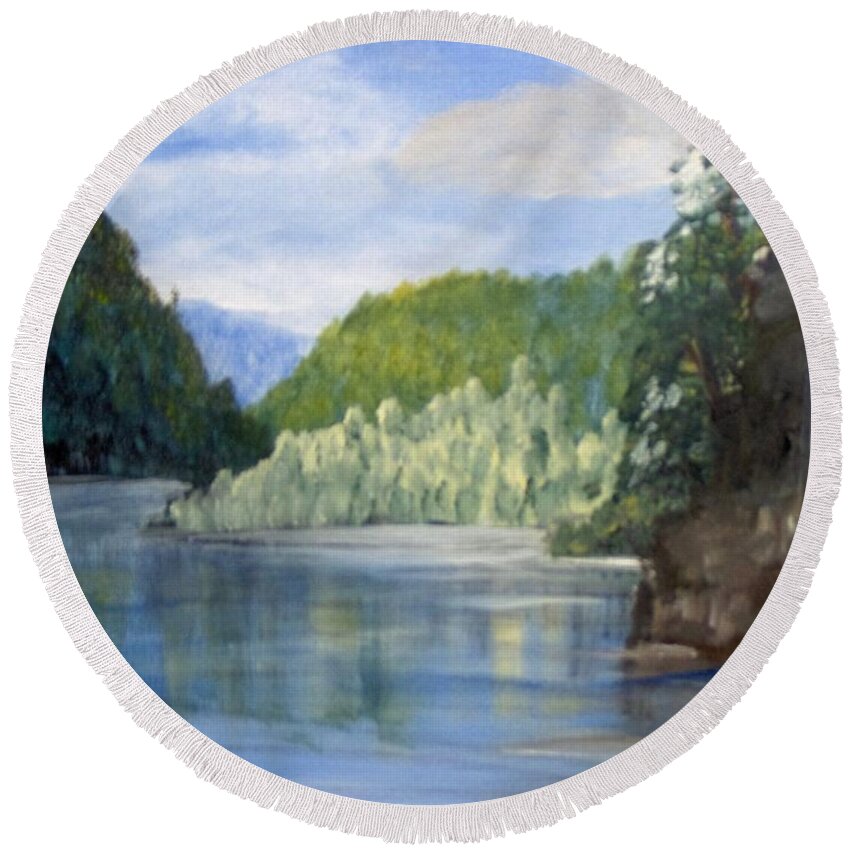 Landscape Round Beach Towel featuring the painting Cool Water by Saundra Johnson