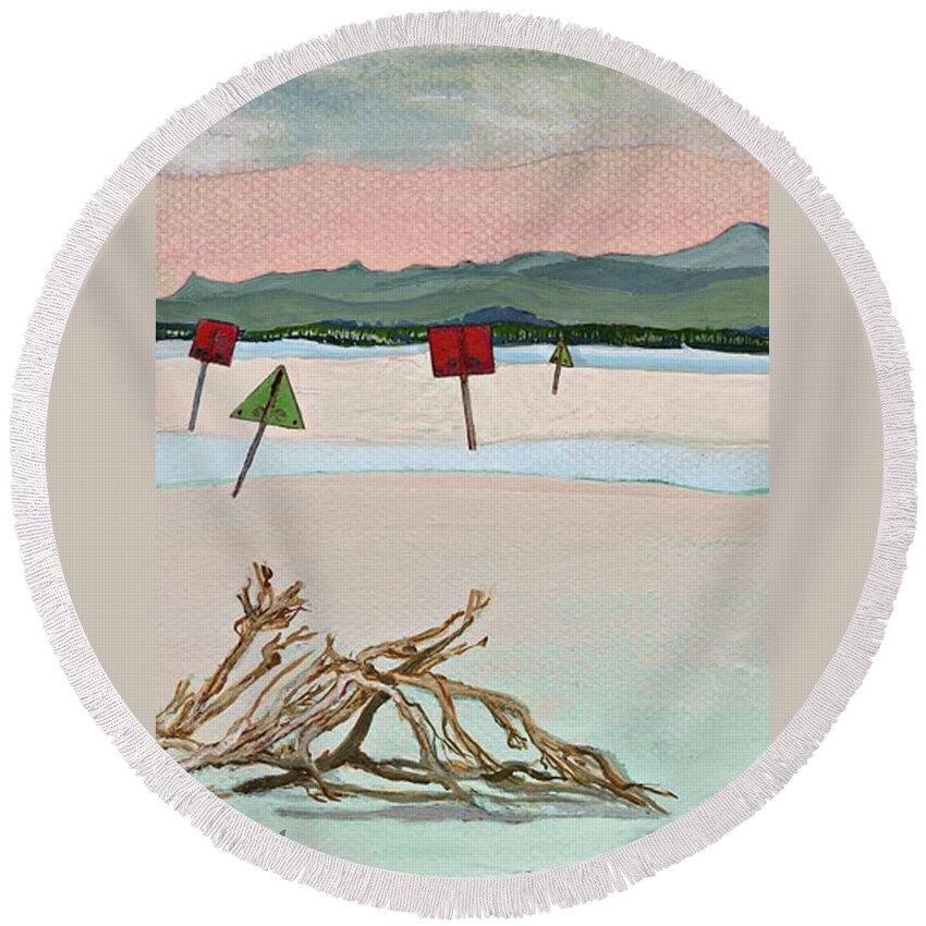 Noosa & Nearby Round Beach Towel featuring the painting Cootharaba Dusk - Noosa Lakes by Joan Cordell