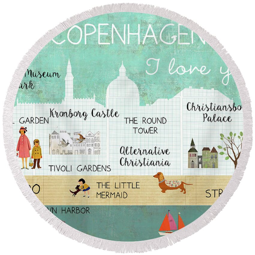 Copenhagen I Love You Round Beach Towel featuring the mixed media Copenhagen I love you by Claudia Schoen