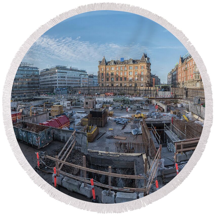 Copenhagen Round Beach Towel featuring the photograph Copenhagen Metro Construction Site by Antony McAulay