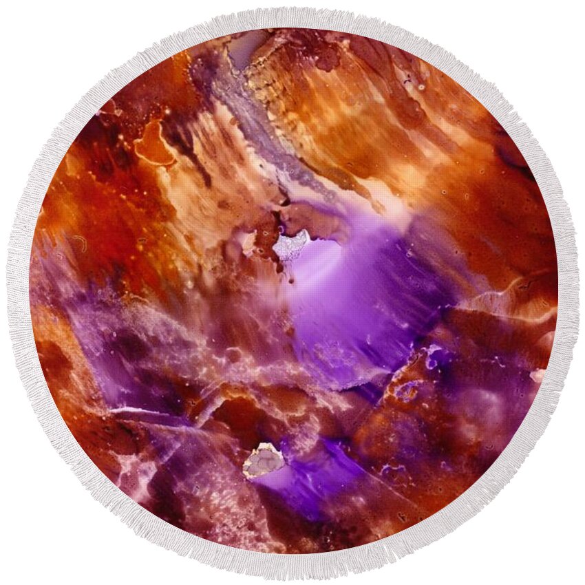 Abstract Round Beach Towel featuring the painting Copper and Amethyst II by Susan Kubes