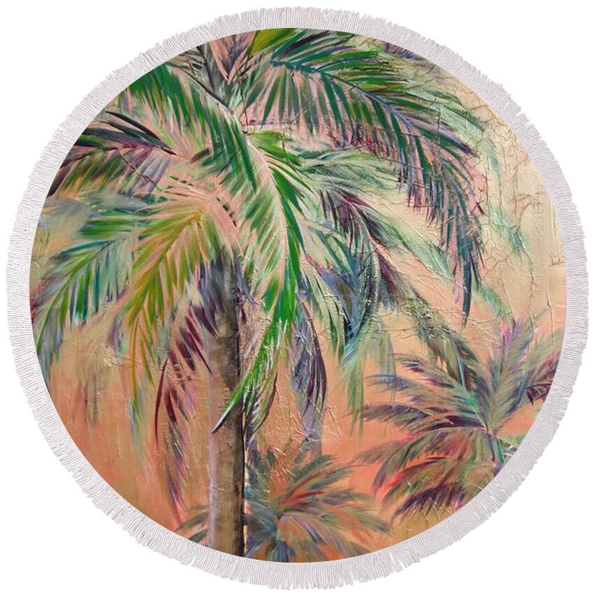 Copper Round Beach Towel featuring the painting Copper Trio of Palms by Kristen Abrahamson
