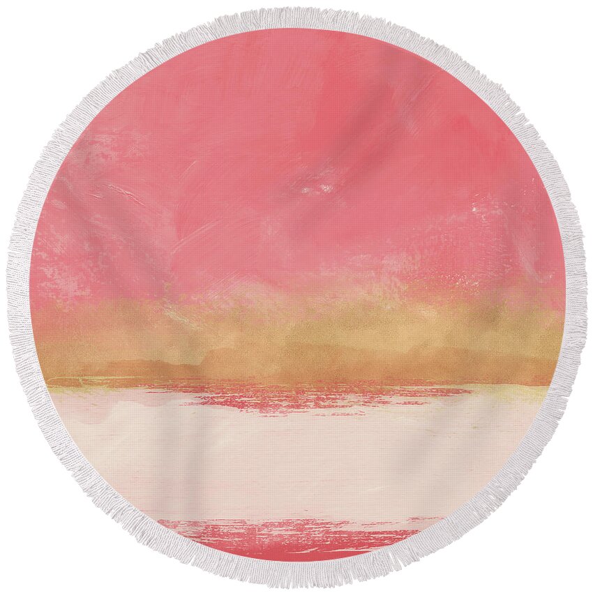 Abstract Round Beach Towel featuring the mixed media Coral and Gold Abstract 1- Art by Linda Woods by Linda Woods