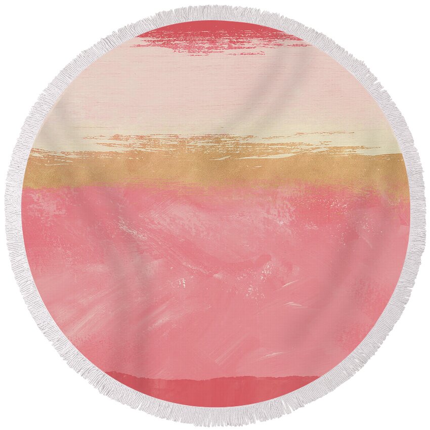 Abstract Round Beach Towel featuring the mixed media Coral and Gold Abstract 2- Art by Linda Woods by Linda Woods