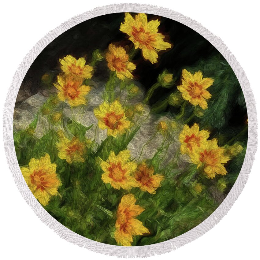Garden Perennial Round Beach Towel featuring the digital art Coreopsis Tickseed by Leslie Montgomery