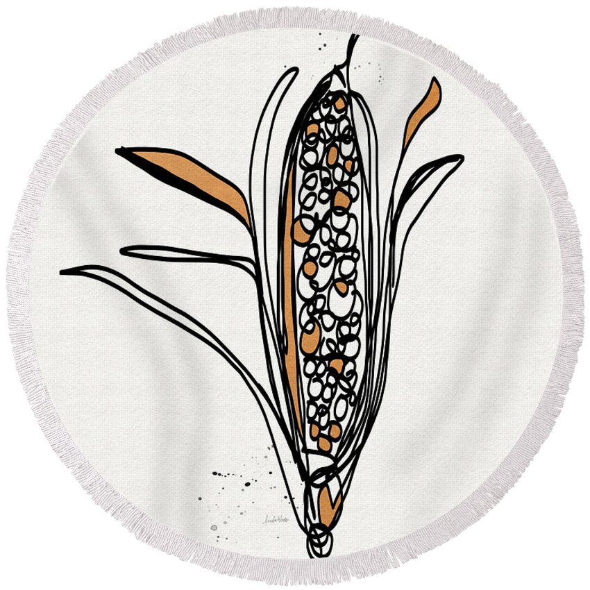 Corn Round Beach Towel featuring the drawing corn- contemporary art by Linda Woods by Linda Woods