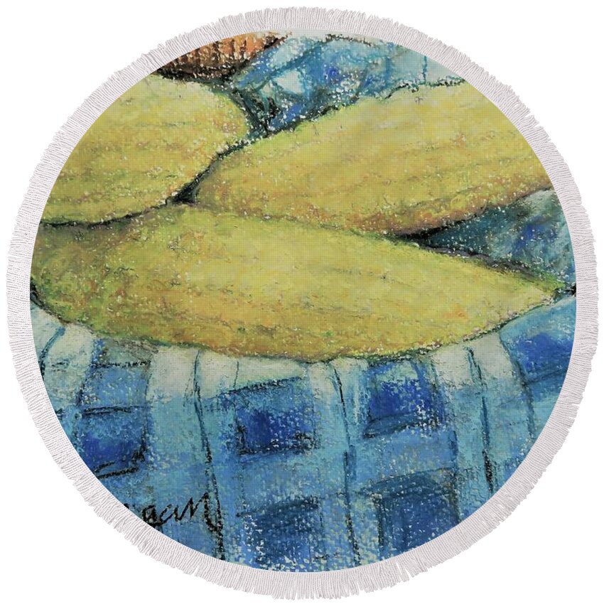 Corn Round Beach Towel featuring the pastel Corn in a Basket by Laurie Morgan