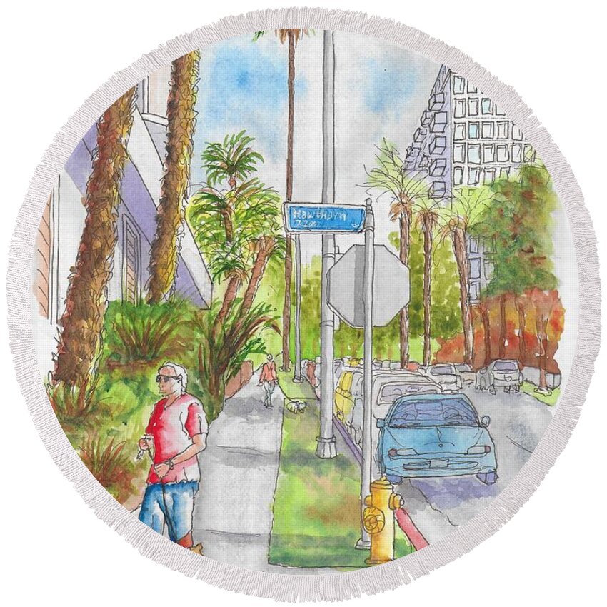 Hollywood Round Beach Towel featuring the painting Corner of Hawthorn and Formosa in Hollywood, California by Carlos G Groppa