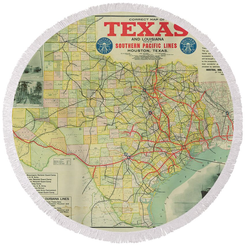 Texas Round Beach Towel featuring the digital art Correct Map of Texas and Louisiana 1917 by Texas Map Store