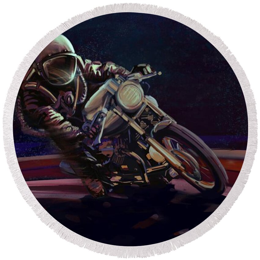 Cafe Racer Round Beach Towel featuring the painting Cosmic cafe racer by Sassan Filsoof