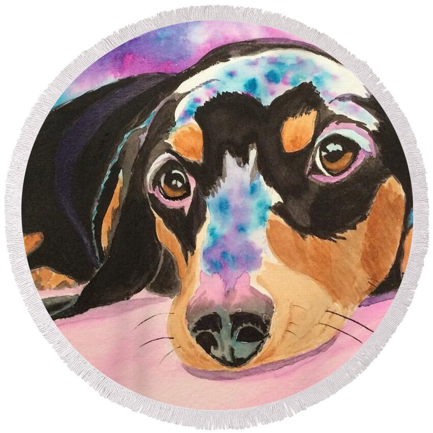 Dachshund Round Beach Towel featuring the painting Cosmic Doxie by Sonja Jones