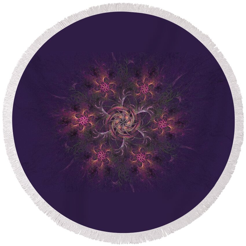Apophysis Fractal Round Beach Towel featuring the digital art Cosmic Floral Wreath by Angie Tirado