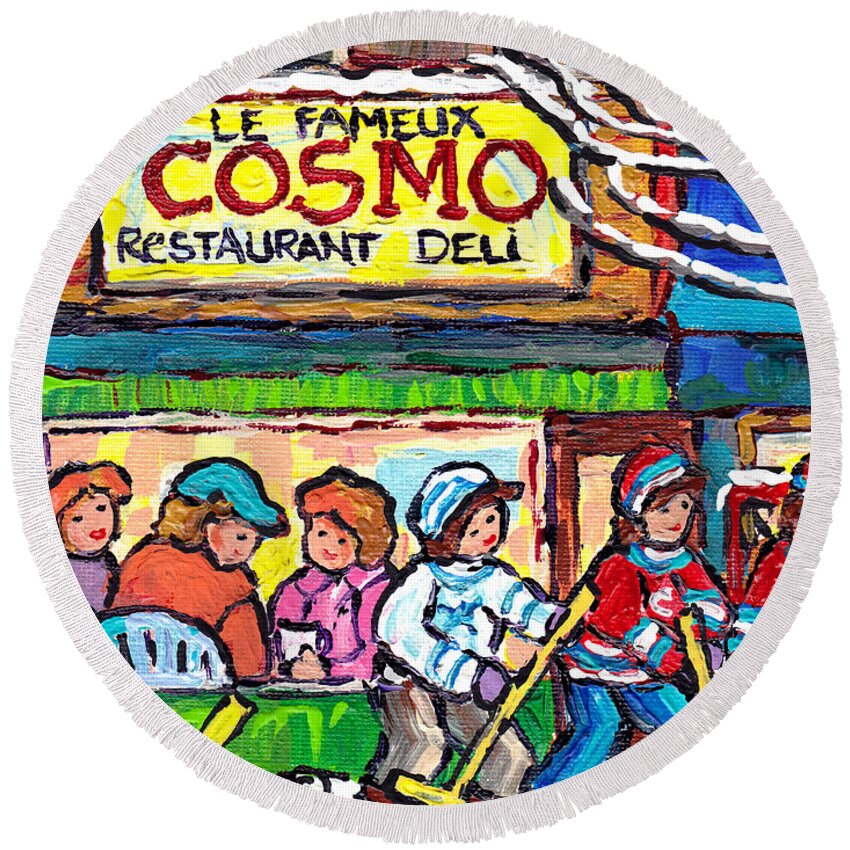 Montreal Round Beach Towel featuring the painting Cosmo Famous Deli Restaurant Painting Montreal Winter City Hockey Scene Canadian Art Carole Spandau by Carole Spandau