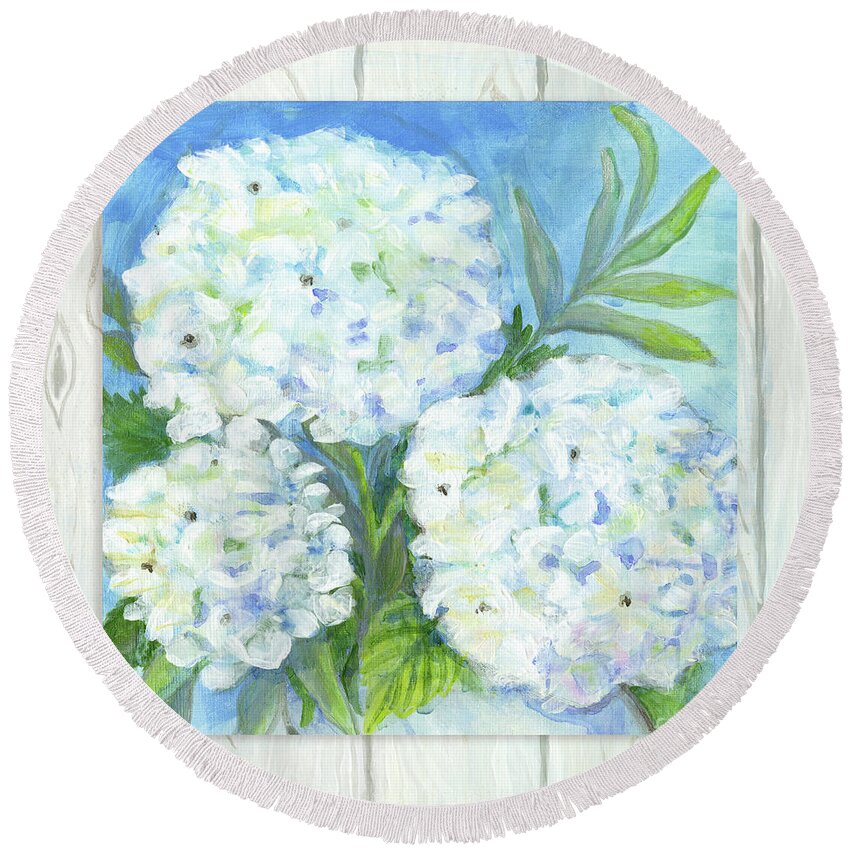 White Hydrangeas Round Beach Towel featuring the painting Cottage at the Shore 5 White Washed Wood w Hydrangeas and Eucalyptus Leaves by Audrey Jeanne Roberts