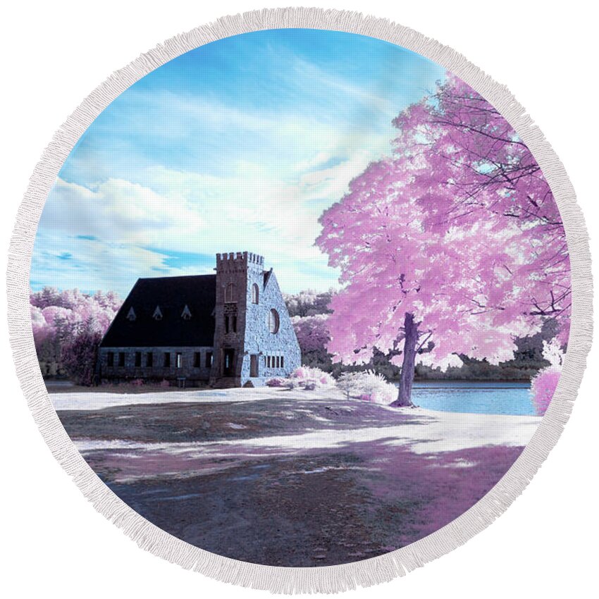 Old Stone Church West Boylston W W. Architecture Stonewall Outside Outdoors Sky Clouds Trees Bushes Brush Grass Geese Birds Newengland New England U.s.a. Usa Brian Hale Brianhalephoto Ir Infrared Infra Red Historic Round Beach Towel featuring the photograph Cotton Candy Church by Brian Hale