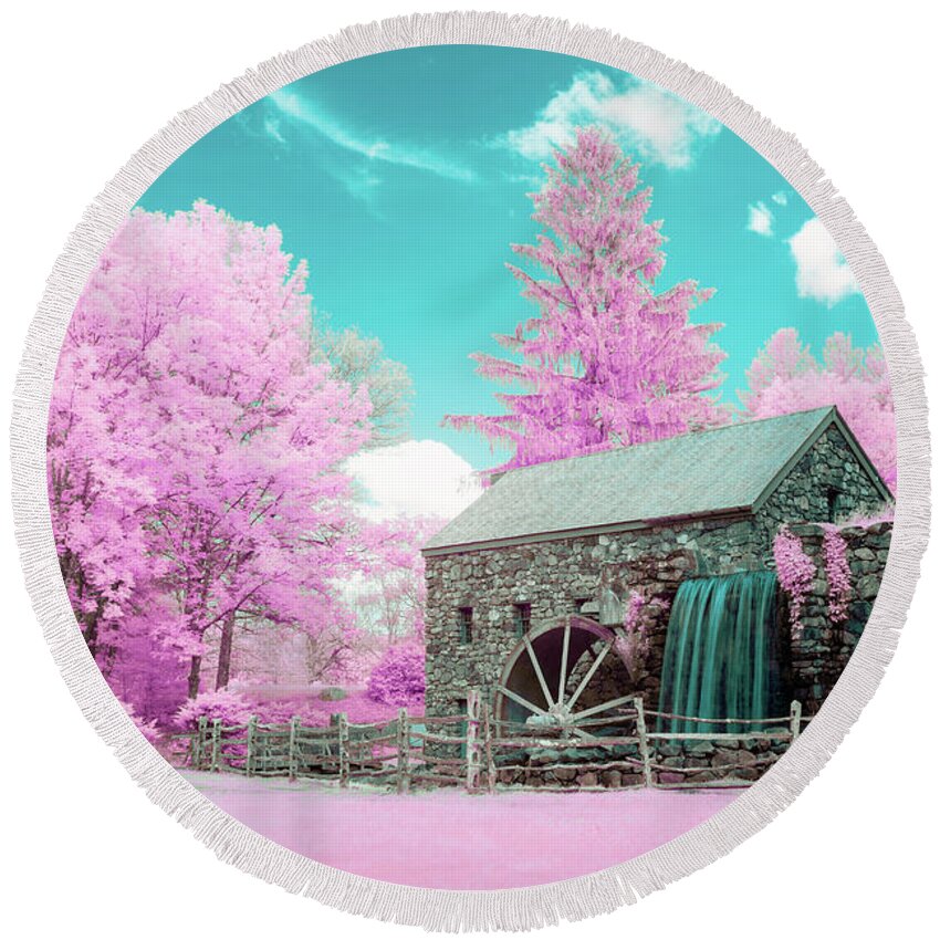 Infrared Grist Mill Ir Infra Red Pink Blue Cotton Candy Sudbury Historic Iconic Waterwheel Water Wheel Waterfall Falls Fall Spring Outside Outdoors Stone Wall Architecture Building Fence Wooden Field Trees Sky Clouds Cloudy Ma Mass Massachusetts Brian Hale Brianhalephoto Newengland New England U.s.a. Usa Unique Different Round Beach Towel featuring the photograph Cotton Candy Grist Mill by Brian Hale