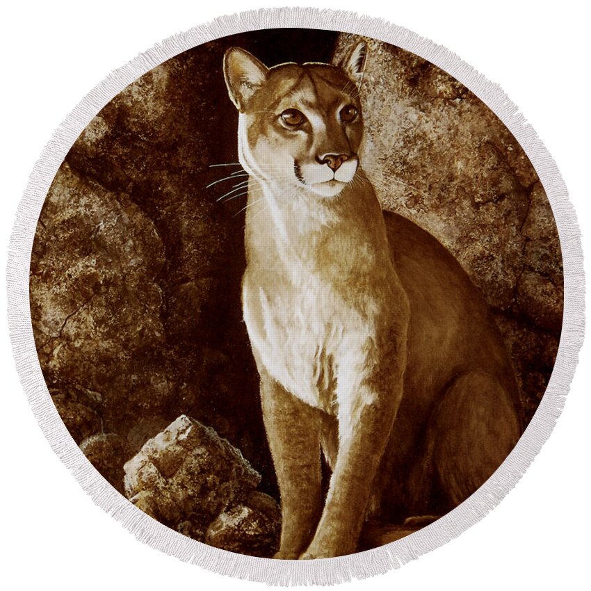 Cougar Round Beach Towel featuring the painting Cougar Wait Until Dark by Frank Wilson