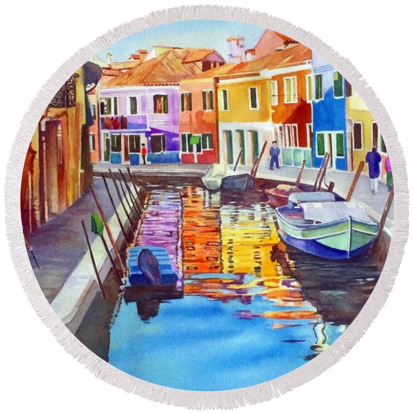 Burano Round Beach Towel featuring the painting Couleurs de Burano by Francoise Chauray