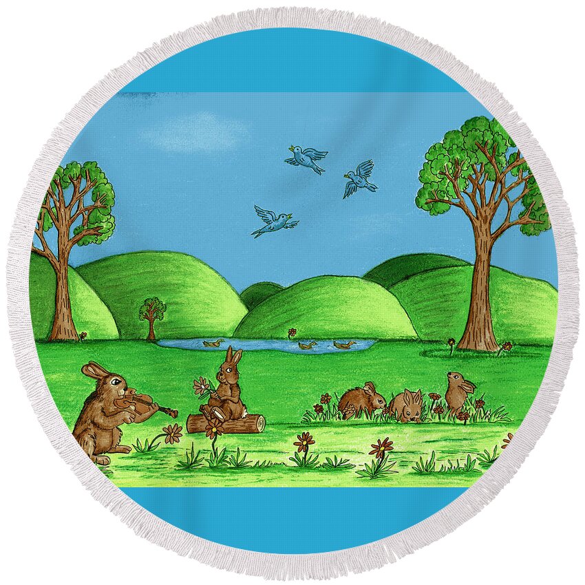 Landscape Round Beach Towel featuring the drawing Country Bunnies by Christina Wedberg