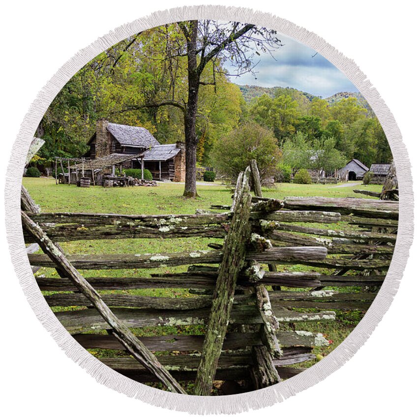 North Round Beach Towel featuring the photograph Country Cabin and Fence by Tim Stanley