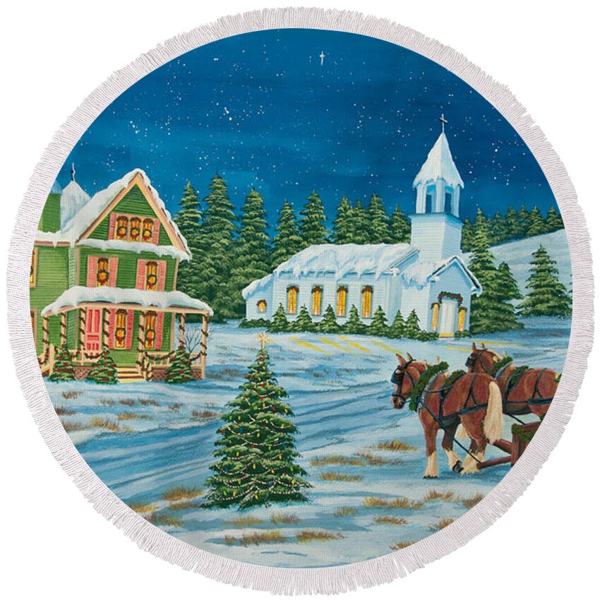 Winter Scene Paintings Round Beach Towel featuring the painting Country Christmas by Charlotte Blanchard